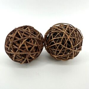 2pc Natural Woven Wicker Decorative Spheres Brown Rattan Bowl Filler Orbs 4in